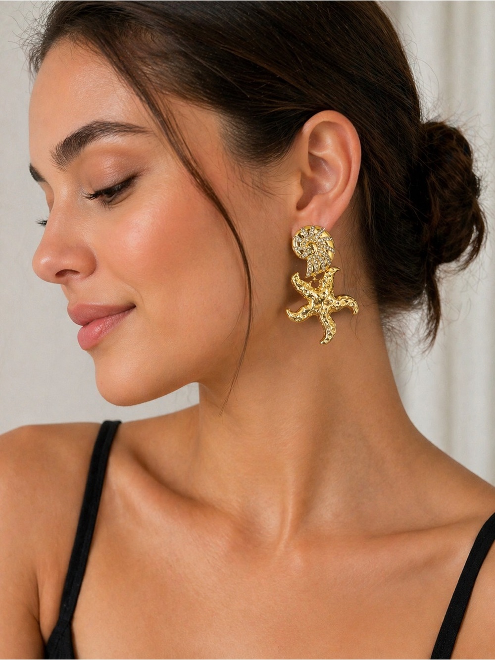 Zara Gold Starfish and Nautilus Drop Earrings with Crystals - Picture 3 of 4